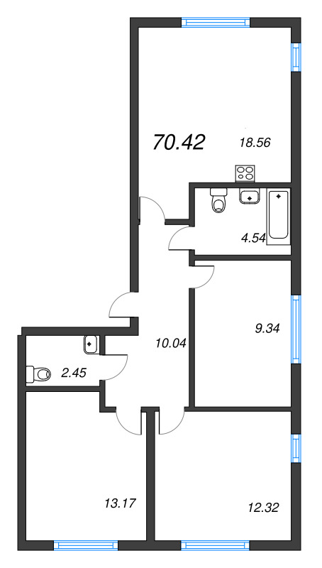 4-комнатная (Евро) квартира, 70.42 м² - планировка, фото №1