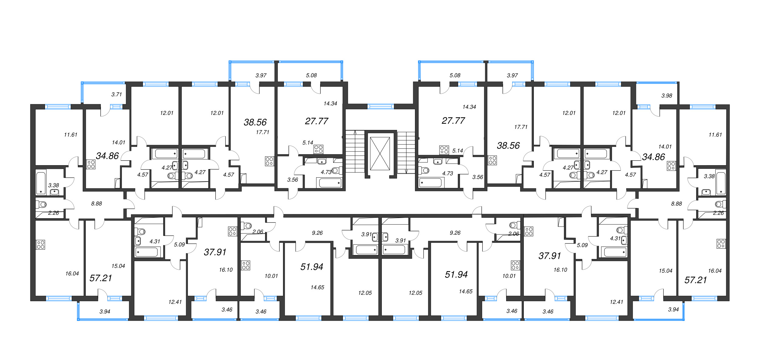 2-комнатная квартира, 51.94 м² в ЖК "Ясно.Янино" - планировка этажа