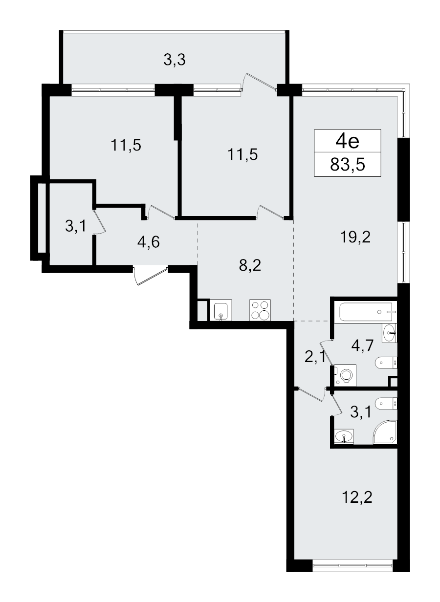 4-комнатная (Евро) квартира, 83.5 м² в ЖК "А101 Всеволожск" - планировка, фото №1