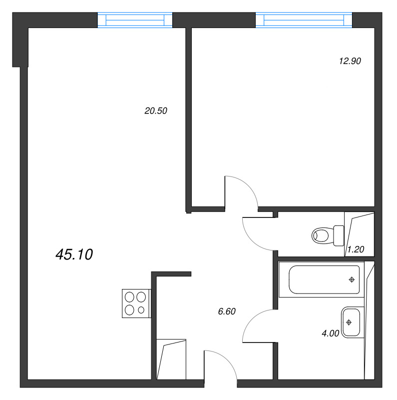 2-комнатная (Евро) квартира, 45.1 м² в ЖК "Руднева 15" - планировка, фото №1