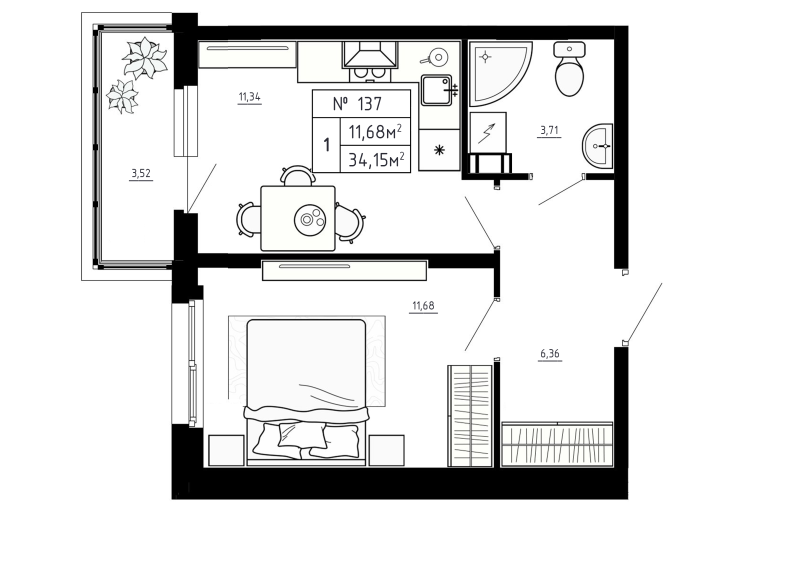 1-комнатная квартира, 34.15 м² в ЖК "Аннино Сити" - планировка, фото №1