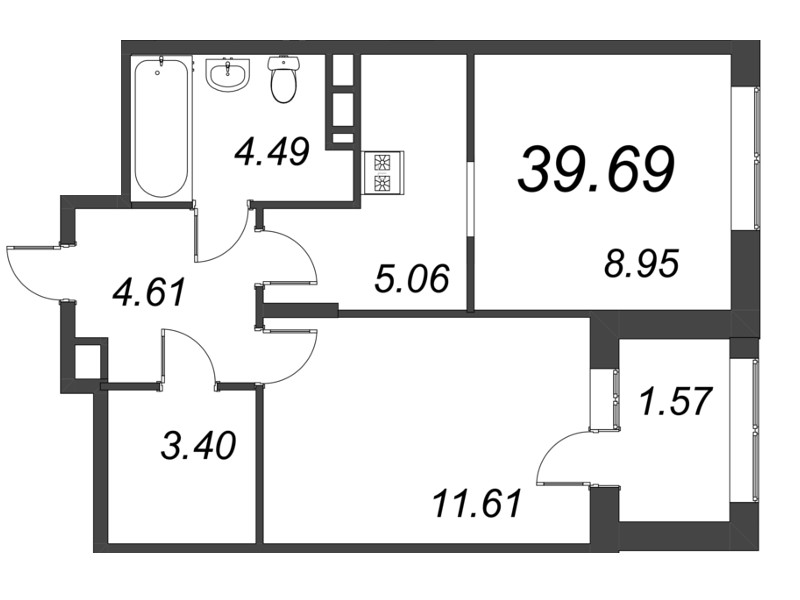 2-комнатная (Евро) квартира, 39.69 м² в ЖК "ВЕРЕН НОРТ сертолово" - планировка, фото №1