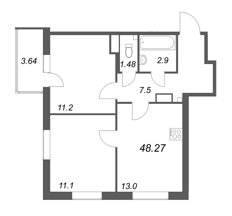 2-комнатная квартира, 48.27 м² - планировка, фото №1