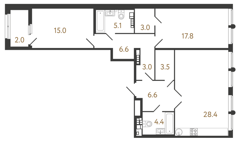 3-комнатная (Евро) квартира, 93.4 м² - планировка, фото №1