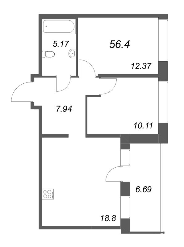 3-комнатная (Евро) квартира, 56.4 м² в ЖК "Avant" - планировка, фото №1