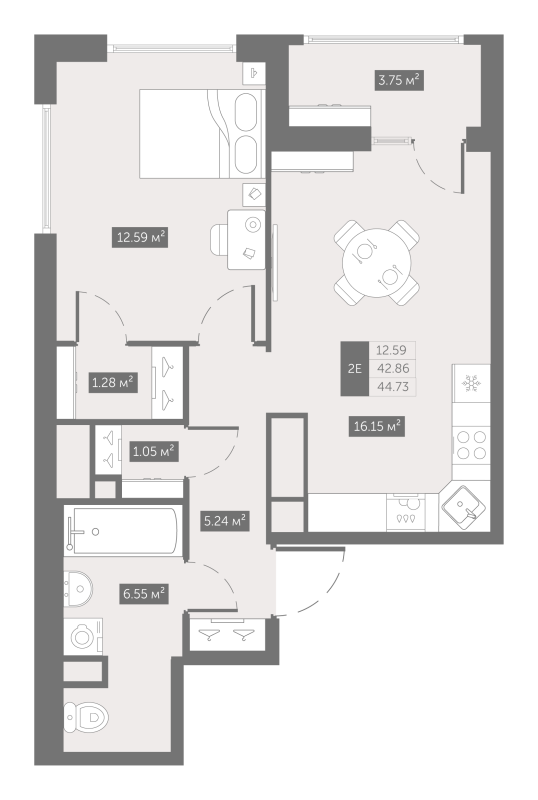 2-комнатная (Евро) квартира, 44.73 м² в ЖК "UP-квартал Новый Московский" - планировка, фото №1