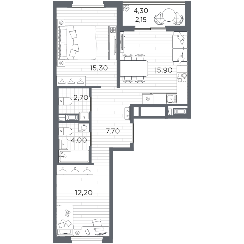 3-комнатная (Евро) квартира, 59.95 м² в ЖК "Плюс Пулковский" - планировка, фото №1