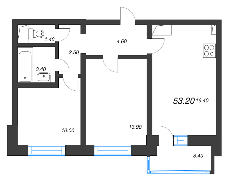 3-комнатная (Евро) квартира, 53.2 м² - планировка, фото №1