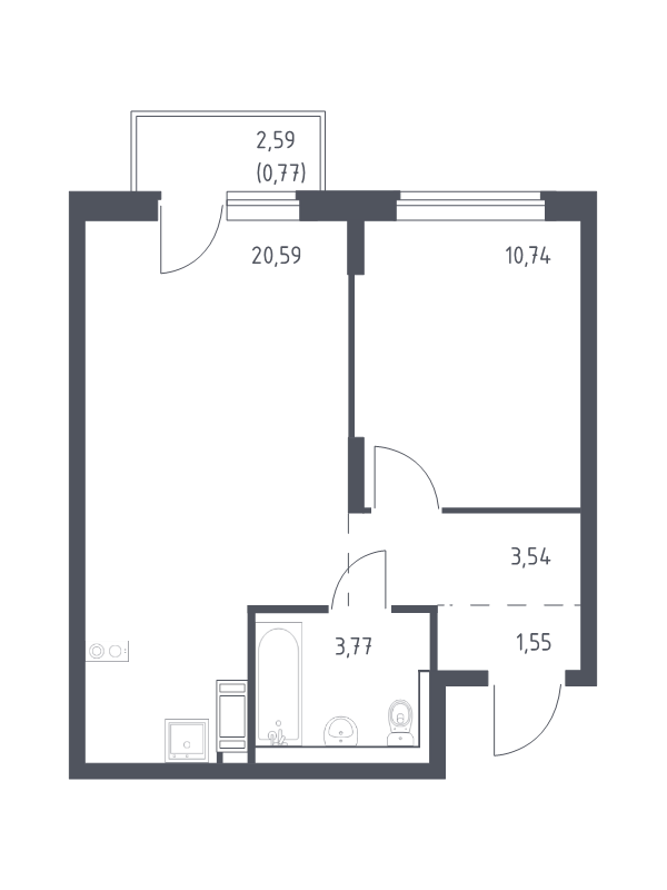 2-комнатная (Евро) квартира, 40.96 м² - планировка, фото №1