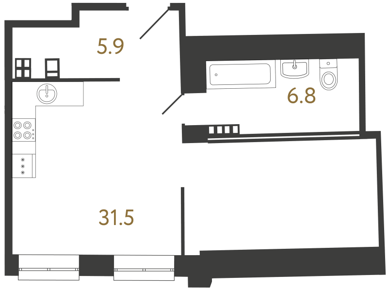 Квартира-студия, 44.2 м² в ЖК "Светоч" - планировка, фото №1