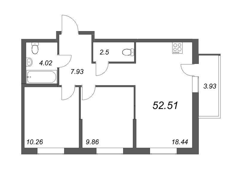 3-комнатная (Евро) квартира, 57.98 м² в ЖК "Новые горизонты" - планировка, фото №1