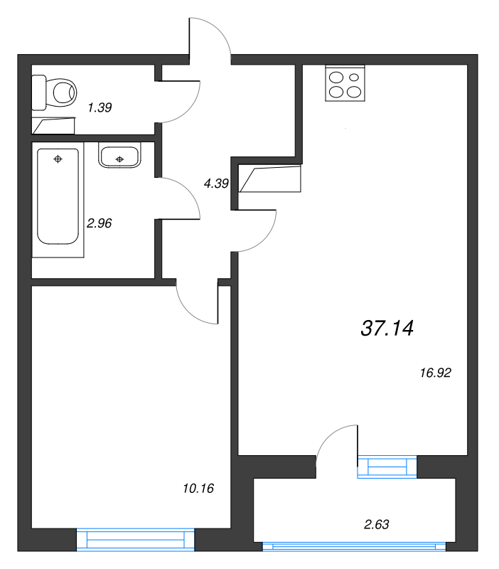2-комнатная (Евро) квартира, 37.14 м² - планировка, фото №1