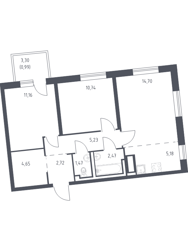 3-комнатная (Евро) квартира, 59.31 м² в ЖК "Квартал Лаголово" - планировка, фото №1