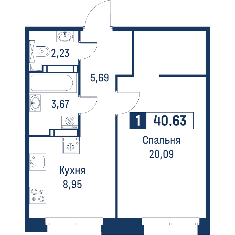 1-комнатная квартира, 40.63 м² в ЖК "Символист" - планировка, фото №1