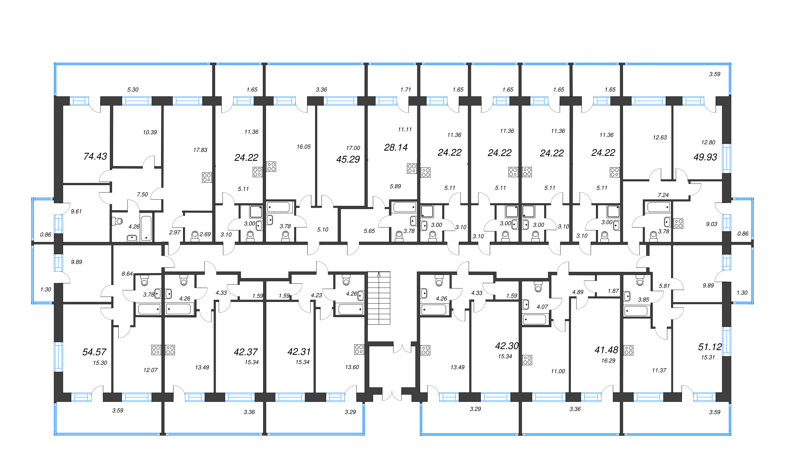 3-комнатная квартира, 74.43 м² в ЖК "Капральский берег" - планировка этажа