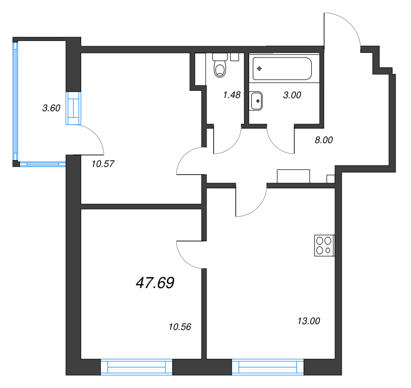 2-комнатная квартира, 47.69 м² - планировка, фото №1