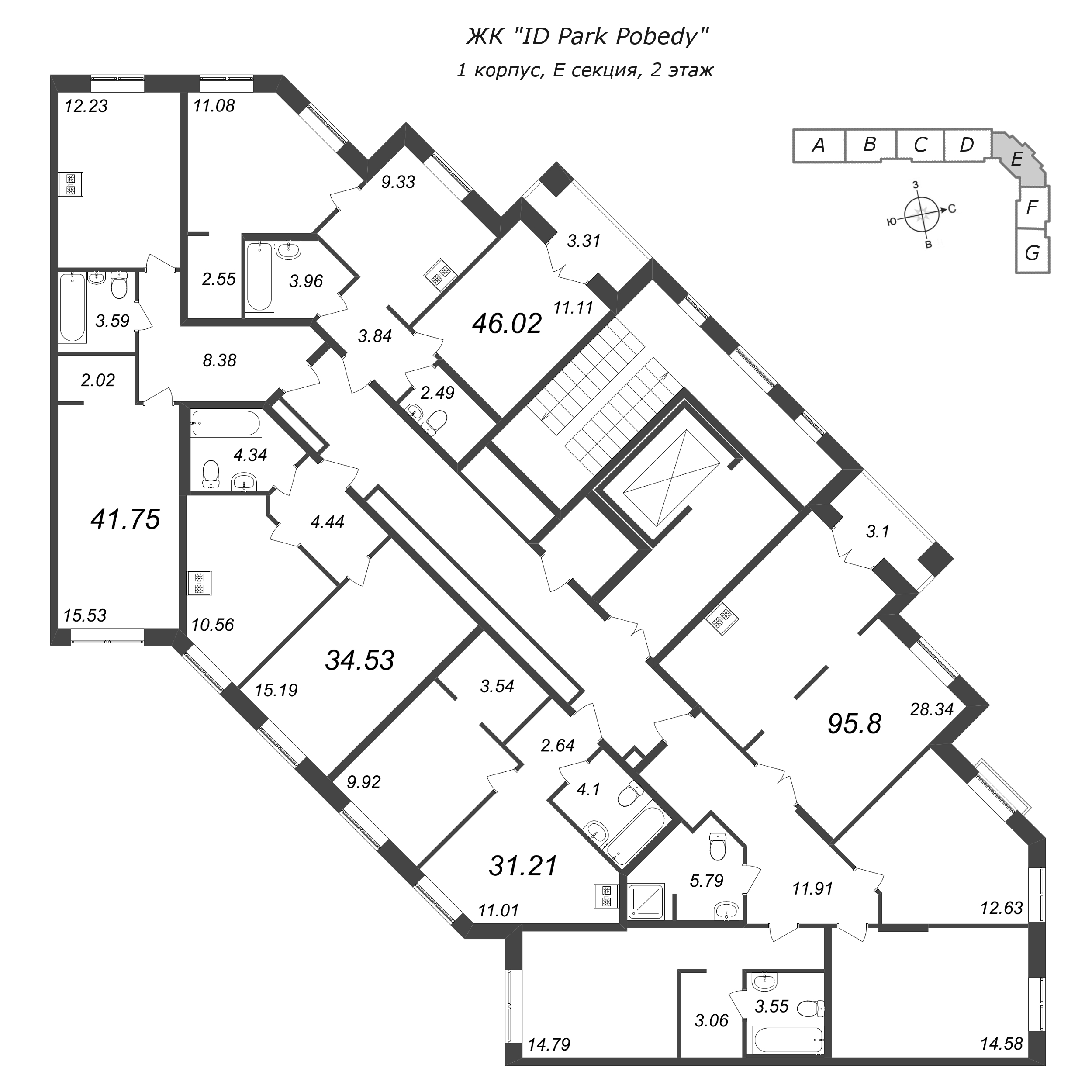 4-комнатная (Евро) квартира, 95.8 м² - планировка этажа