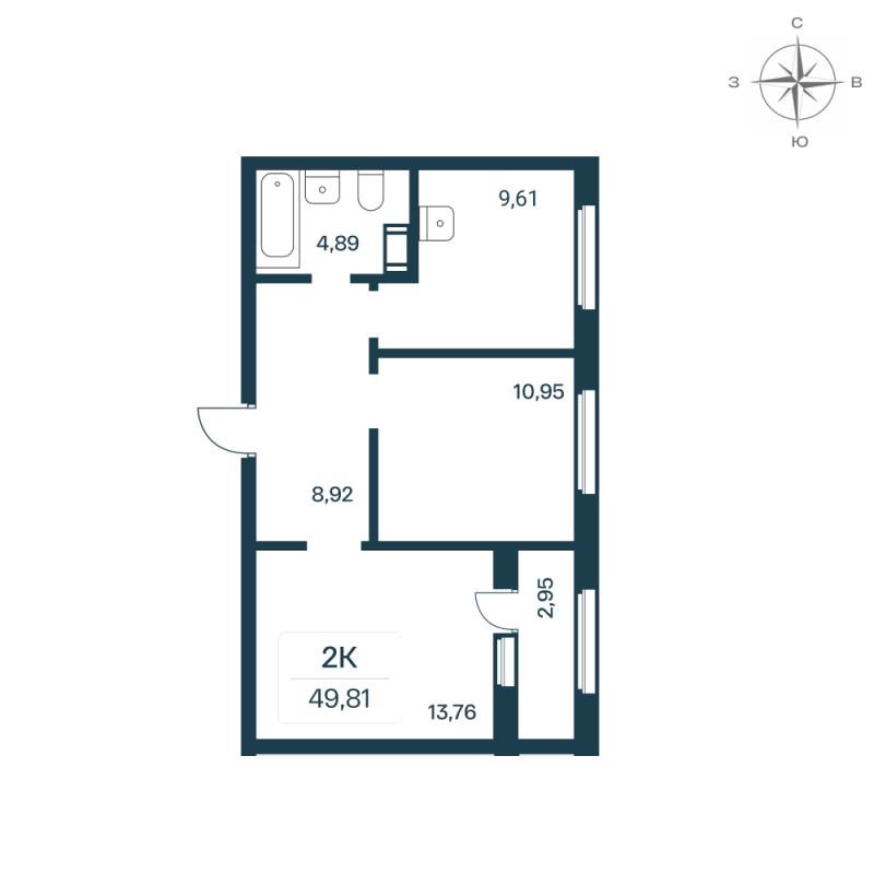 2-комнатная квартира, 49.4 м² - планировка, фото №1