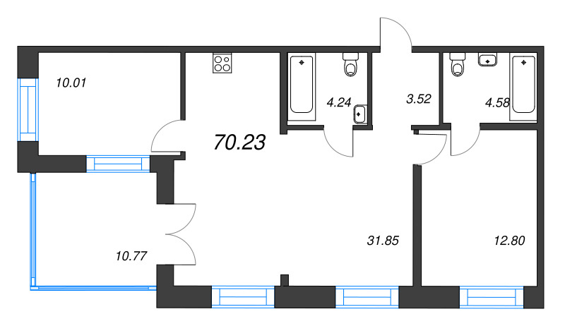 3-комнатная (Евро) квартира, 70.23 м² в ЖК "Alpen" - планировка, фото №1