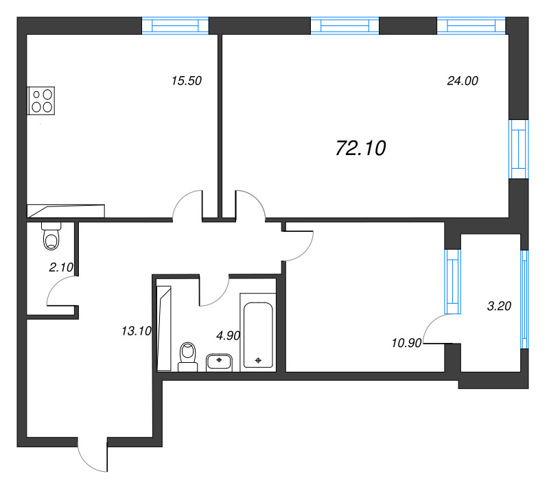 3-комнатная (Евро) квартира, 72.1 м² - планировка, фото №1