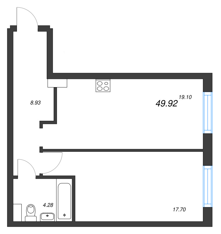 2-комнатная (Евро) квартира, 49.92 м² - планировка, фото №1