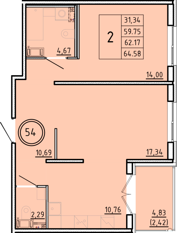 2-комнатная квартира, 59.75 м² в ЖК "Образцовый квартал 16" - планировка, фото №1