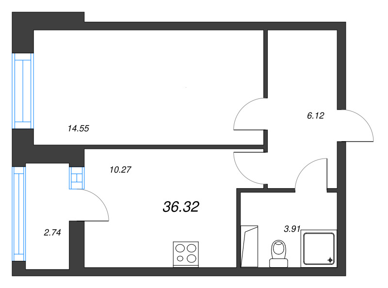 1-комнатная квартира, 36.32 м² - планировка, фото №1
