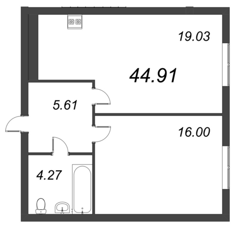 2-комнатная (Евро) квартира, 44.91 м² - планировка, фото №1