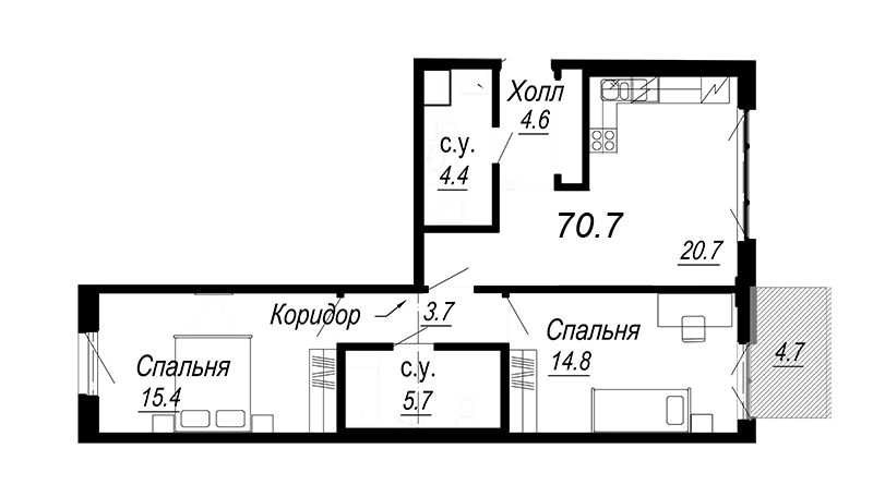 3-комнатная (Евро) квартира, 70.7 м² - планировка, фото №1