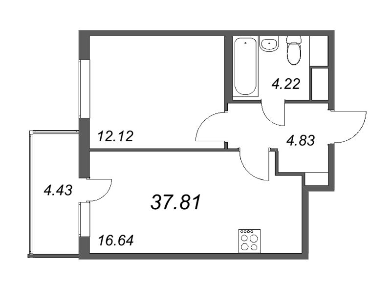 2-комнатная (Евро) квартира, 37.81 м² - планировка, фото №1