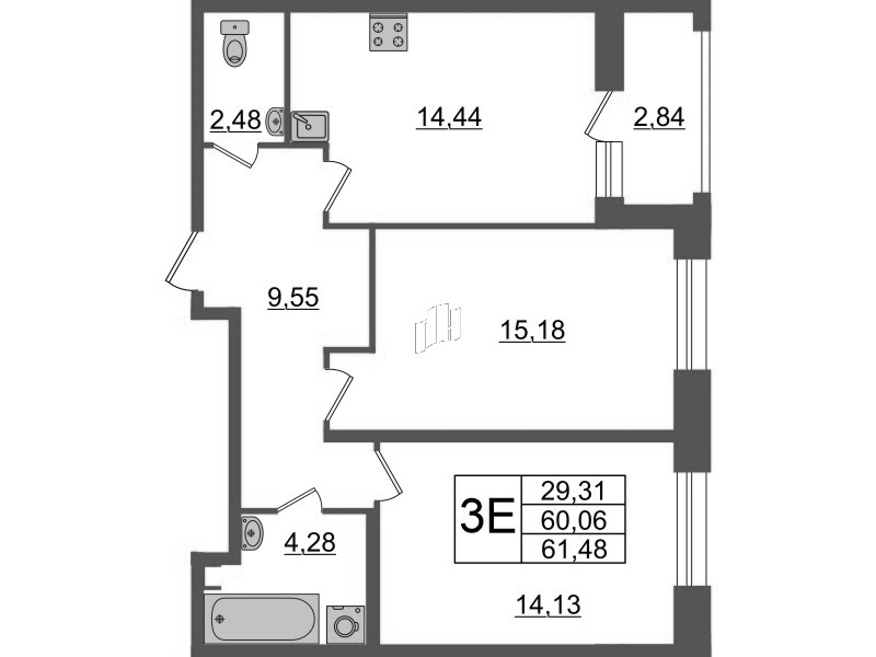 2-комнатная квартира, 61.48 м² в ЖК "Аквилон Leaves" - планировка, фото №1