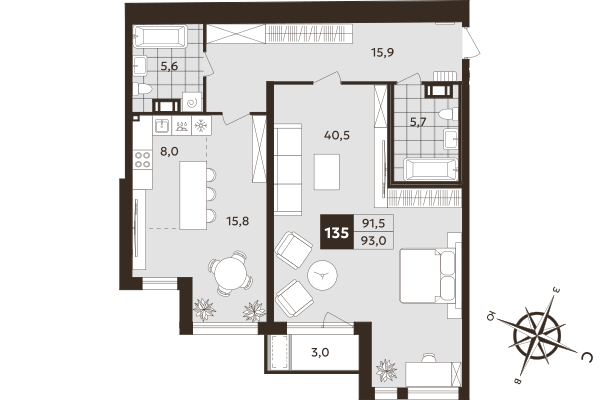 2-комнатная (Евро) квартира, 91.5 м² в ЖК "Дом на Бронницкой" - планировка, фото №1
