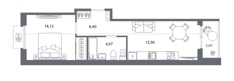2-комнатная (Евро) квартира, 45.1 м² в ЖК "Респект" - планировка, фото №1