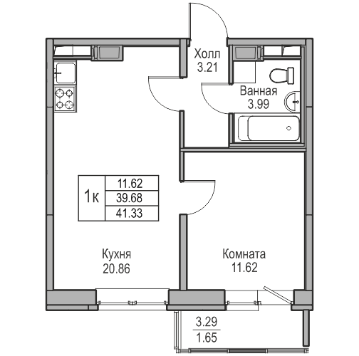 2-комнатная (Евро) квартира, 41.33 м² в ЖК "Юнтолово" - планировка, фото №1