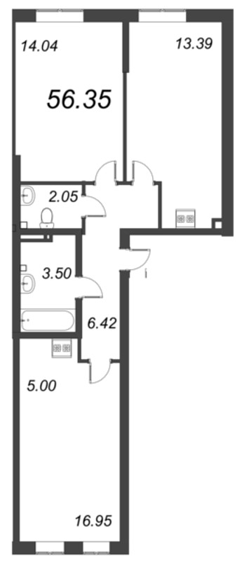 3-комнатная (Евро) квартира, 56.35 м² - планировка, фото №1
