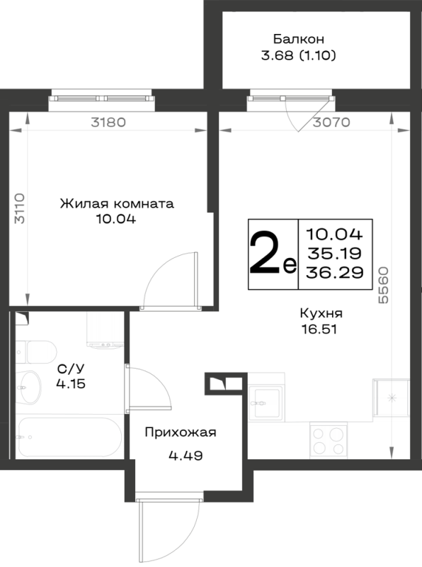 2-комнатная (Евро) квартира, 36.29 м² в ЖК "Имена" - планировка, фото №1