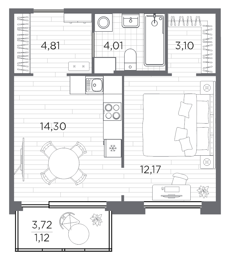 1-комнатная квартира, 39.51 м² в ЖК "PLUS Пулковский" - планировка, фото №1