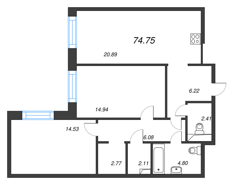 3-комнатная (Евро) квартира, 74.75 м² в ЖК "Остров Первых" - планировка, фото №1