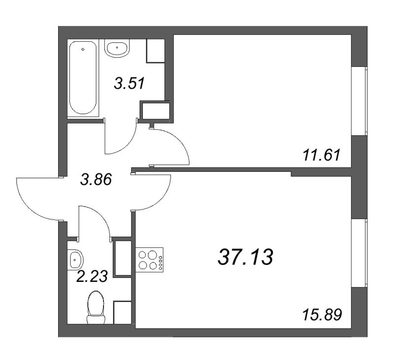2-комнатная (Евро) квартира, 37.13 м² в ЖК "Кинопарк" - планировка, фото №1