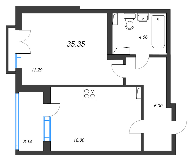 1-комнатная квартира, 35.35 м² - планировка, фото №1