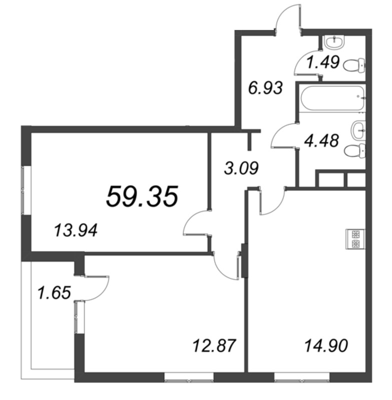 3-комнатная (Евро) квартира, 59.35 м² в ЖК "VEREN NORT сертолово" - планировка, фото №1