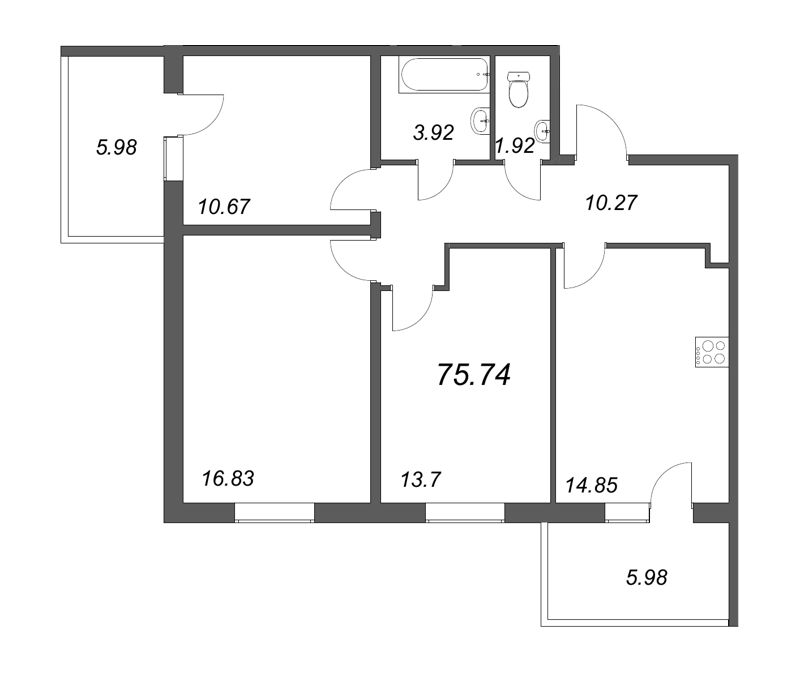 3-комнатная квартира, 72.16 м² - планировка, фото №1