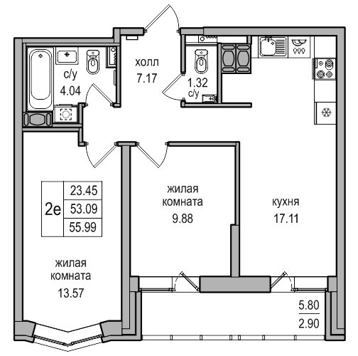 2-комнатная квартира, 55.9 м² в ЖК "Северная Долина" - планировка, фото №1