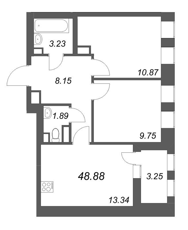 2-комнатная квартира, 48.88 м² в ЖК "Аквилон Солар" - планировка, фото №1