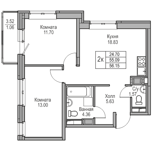 3-комнатная (Евро) квартира, 56.15 м² в ЖК "Юнтолово" - планировка, фото №1