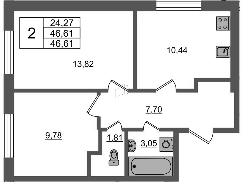 2-комнатная квартира, 46.61 м² в ЖК "Аквилон Янино" - планировка, фото №1