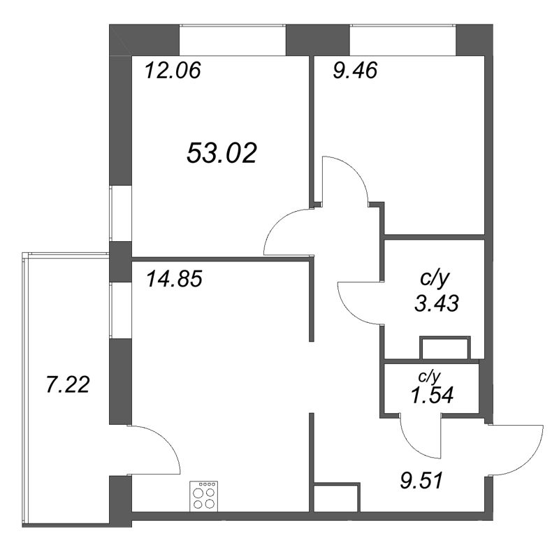 2-комнатная квартира, 53.02 м² в ЖК "Уютный" - планировка, фото №1