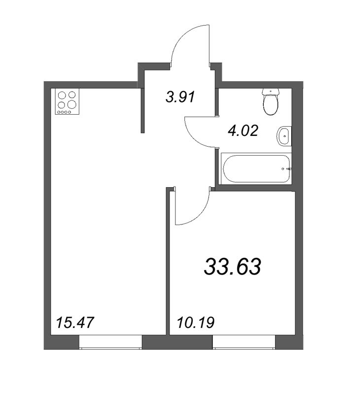 2-комнатная (Евро) квартира, 33.63 м² в ЖК "Новые горизонты" - планировка, фото №1