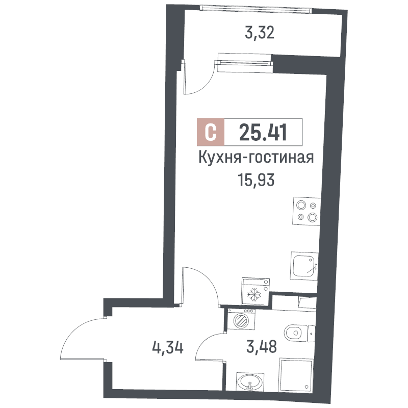 Квартира-студия, 25.41 м² в ЖК "Авиатор" - планировка, фото №1