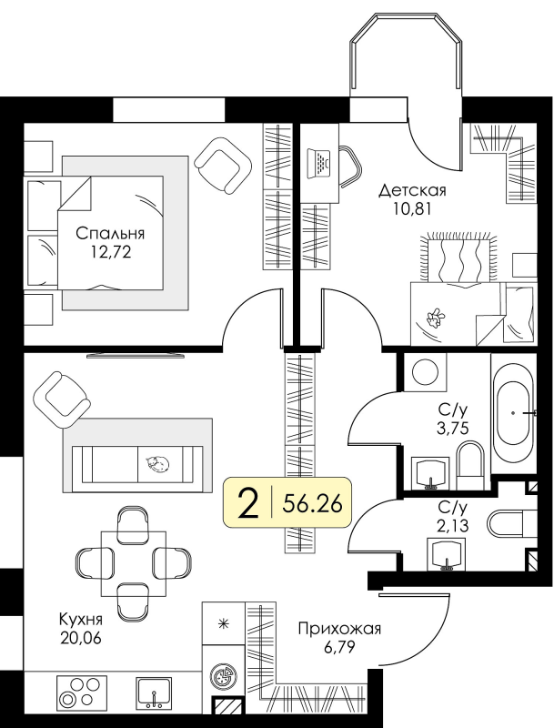 3-комнатная (Евро) квартира, 56.26 м² в ЖК "Всевгород" - планировка, фото №1